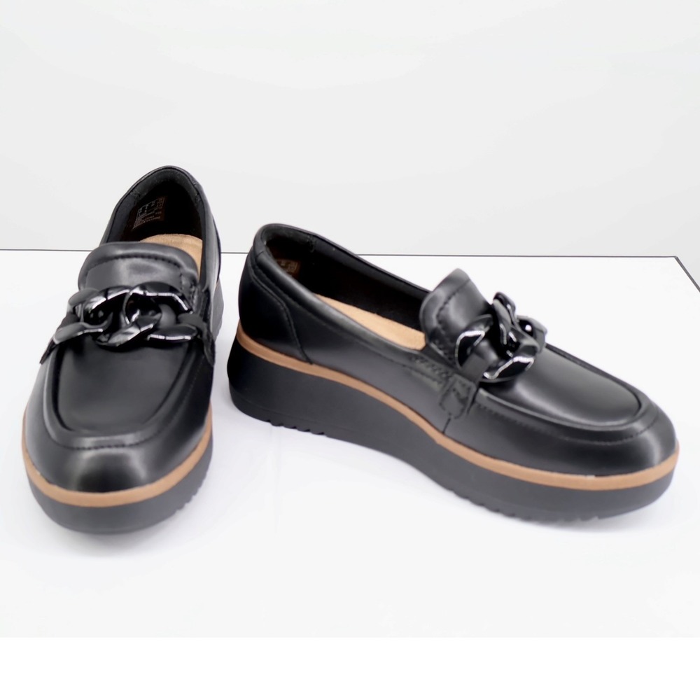 Clarks Zylah May Black Leather Loafer Platform Comfort Shoe Wide 6W